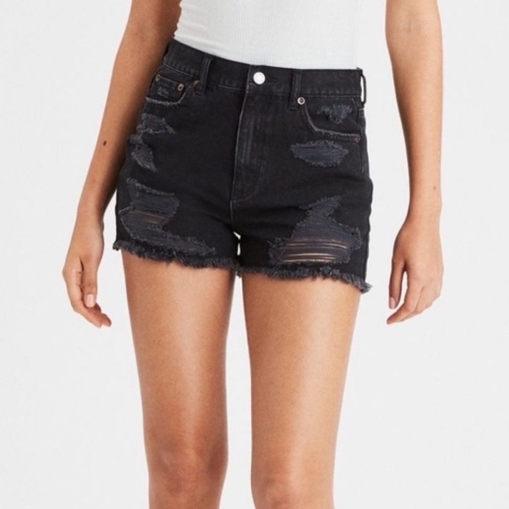 American Eagle Frayed Hem Distressed Mom Short Washed Black 4